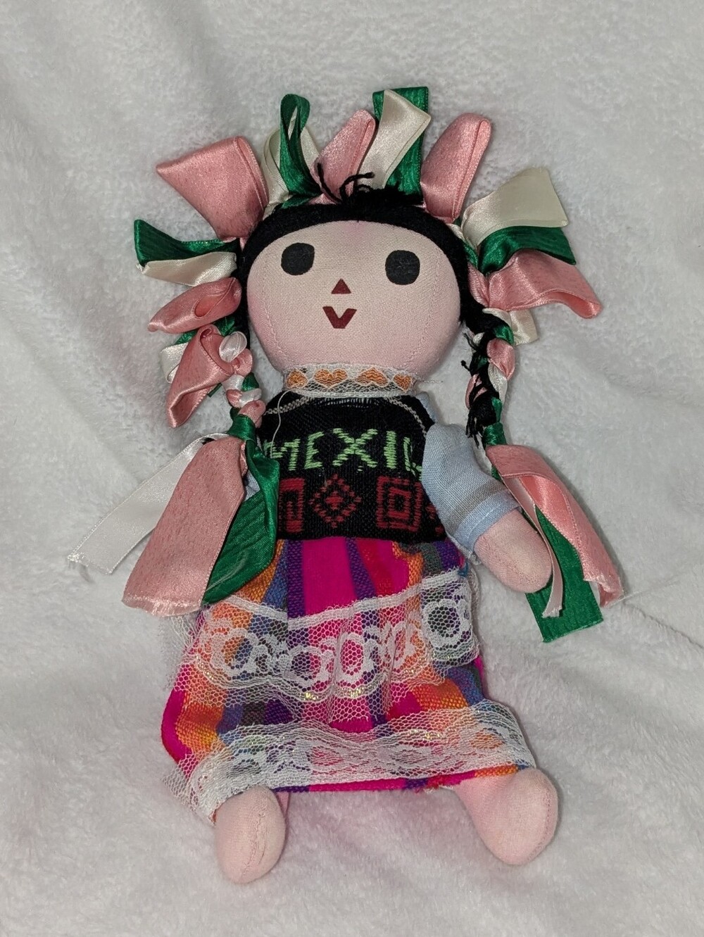Handmade Mexican Cloth Doll with Ribbon Braids